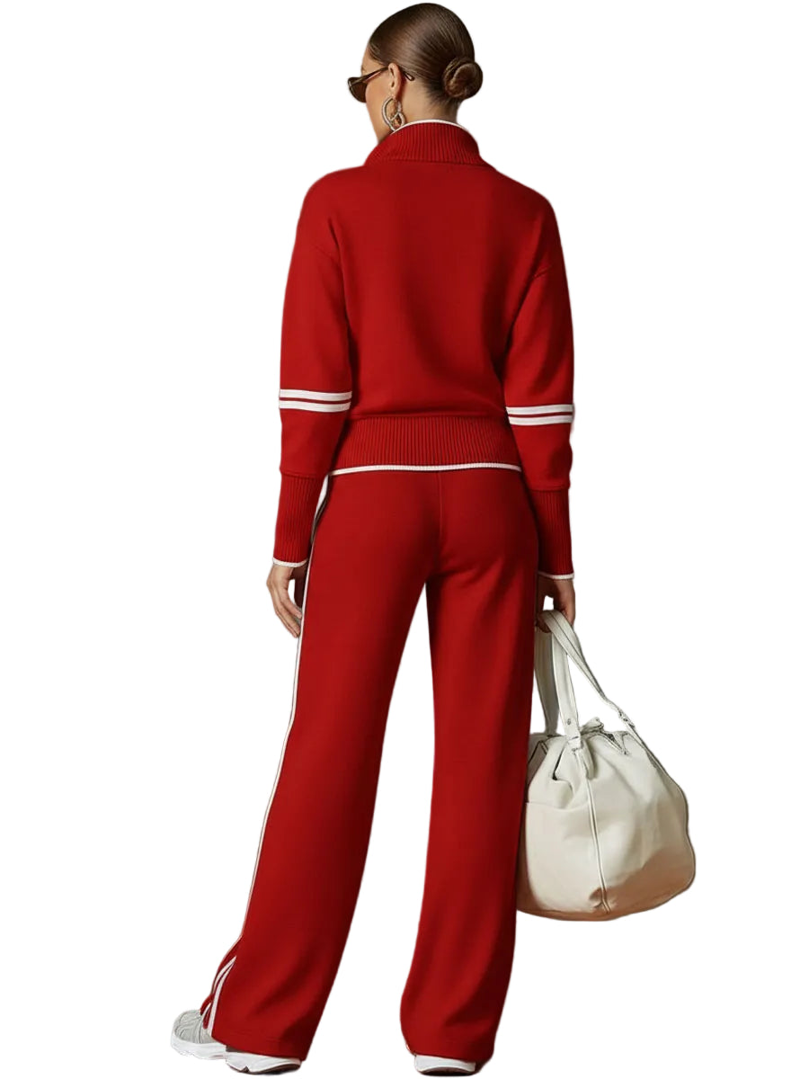 Retro Sporty Webbing Grey-white Half-zip Sweatshirt And Wide-leg Pants Set