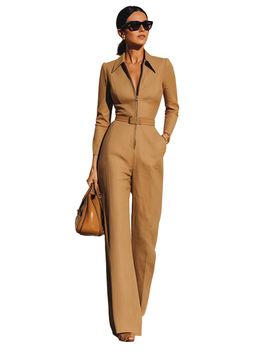 Camel Tailored Zip-Front Jumpsuit