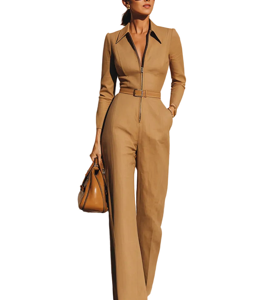 Camel Tailored Zip-Front Jumpsuit