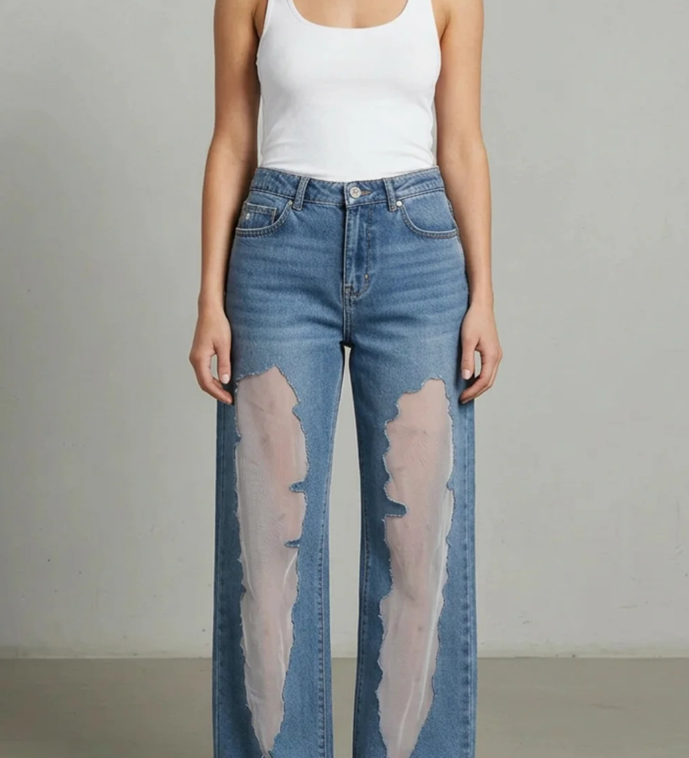 Lunetta – Vintage mesh patchwork – Wide-leg jeans