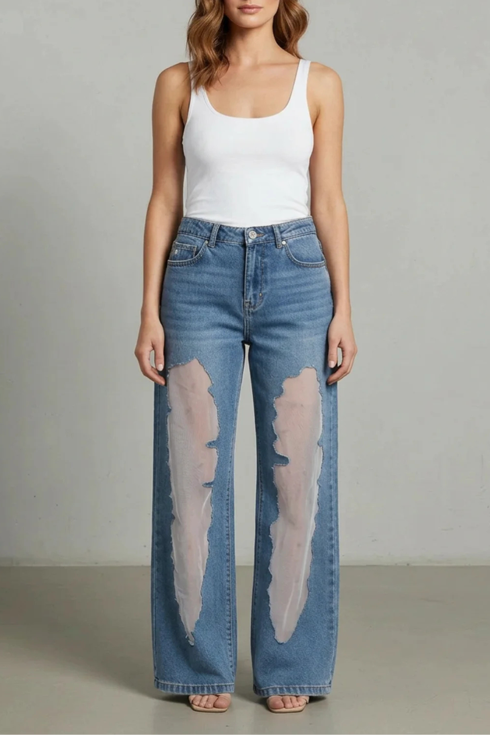 Lunetta – Vintage mesh patchwork – Wide-leg jeans