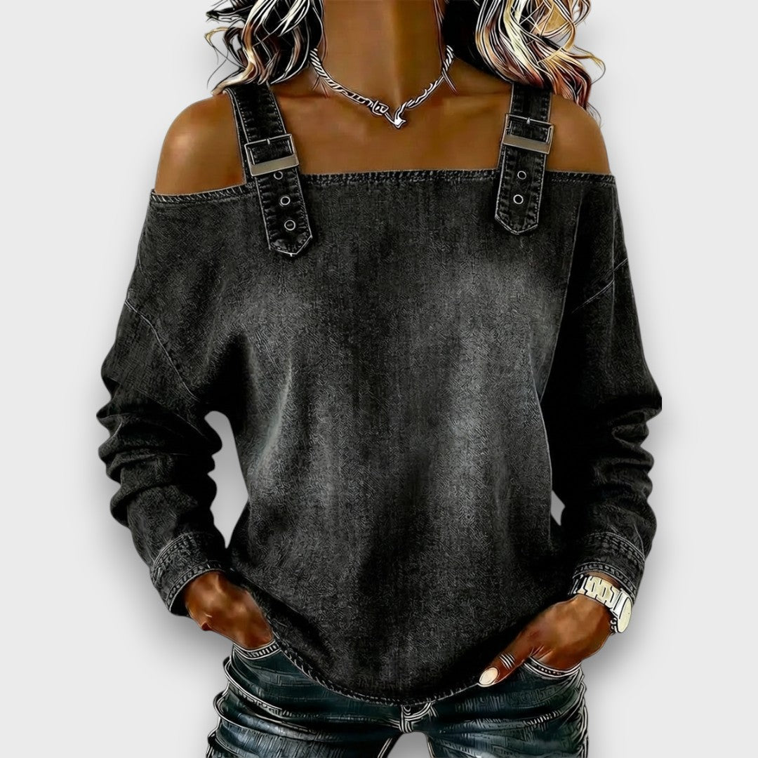 CASUAL BUCKLE STRAP DENIM TOP
