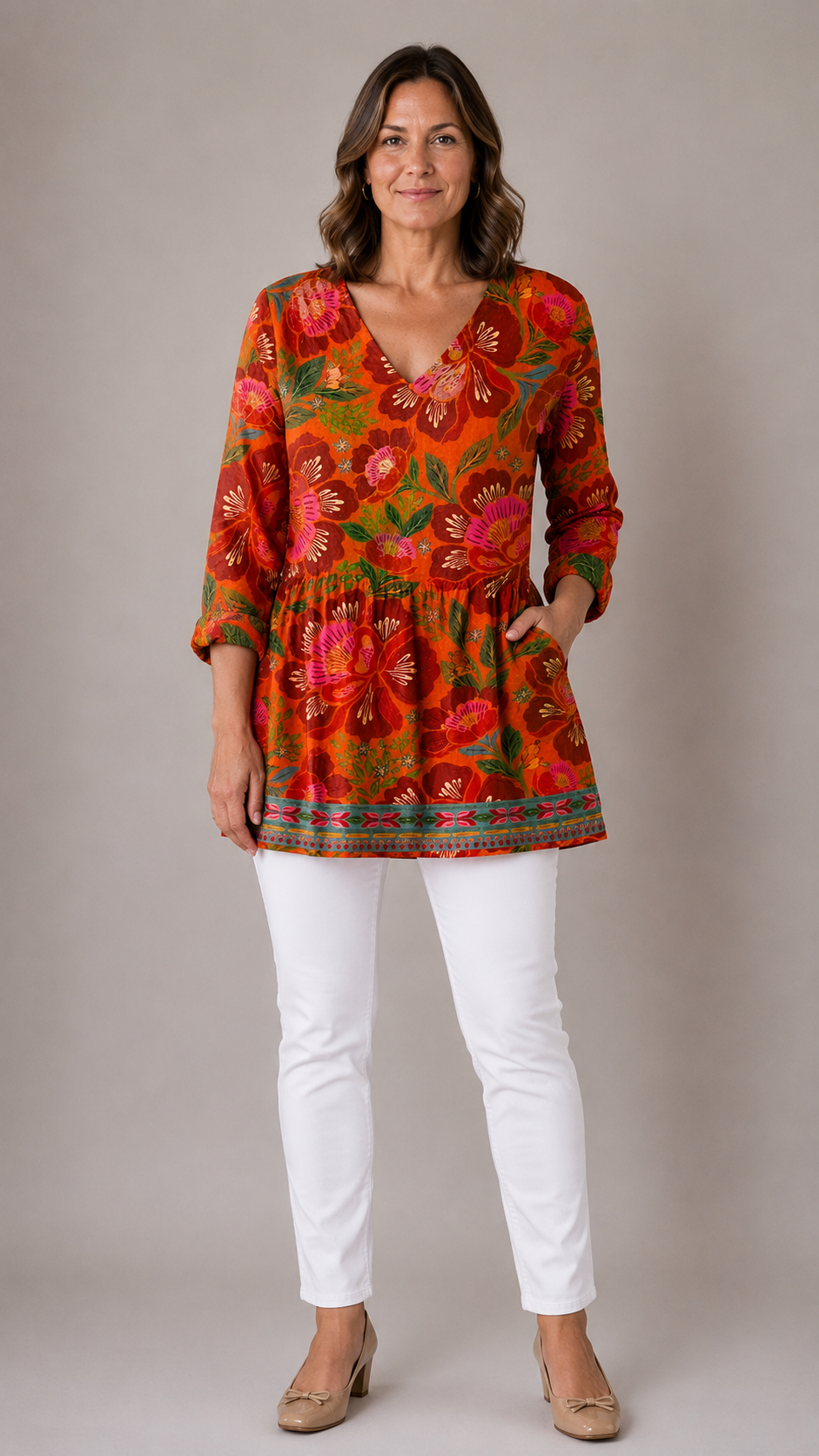 RED ORANGE LONG BLOUSE WITH V-NECK