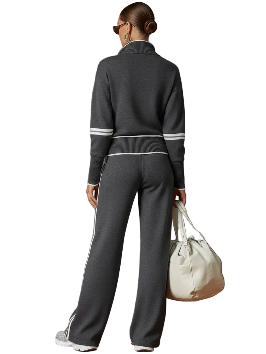 Retro Sporty Webbing Grey-white Half-zip Sweatshirt And Wide-leg Pants Set