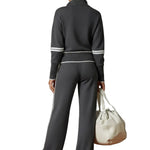 Retro Sporty Webbing Grey-white Half-zip Sweatshirt And Wide-leg Pants Set