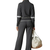 Retro Sporty Webbing Grey-white Half-zip Sweatshirt And Wide-leg Pants Set