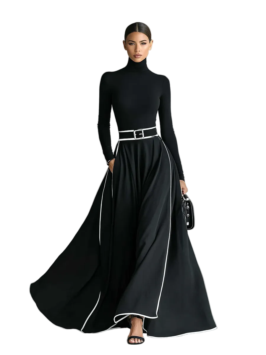 Women's Black Stitching White Trim High Collar Long Sleeve Tight Belt Maxi Dress MDA1031G0Y