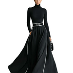 Women's Black Stitching White Trim High Collar Long Sleeve Tight Belt Maxi Dress MDA1031G0Y