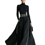 Women's Black Stitching White Trim High Collar Long Sleeve Tight Belt Maxi Dress MDA1031G0Y