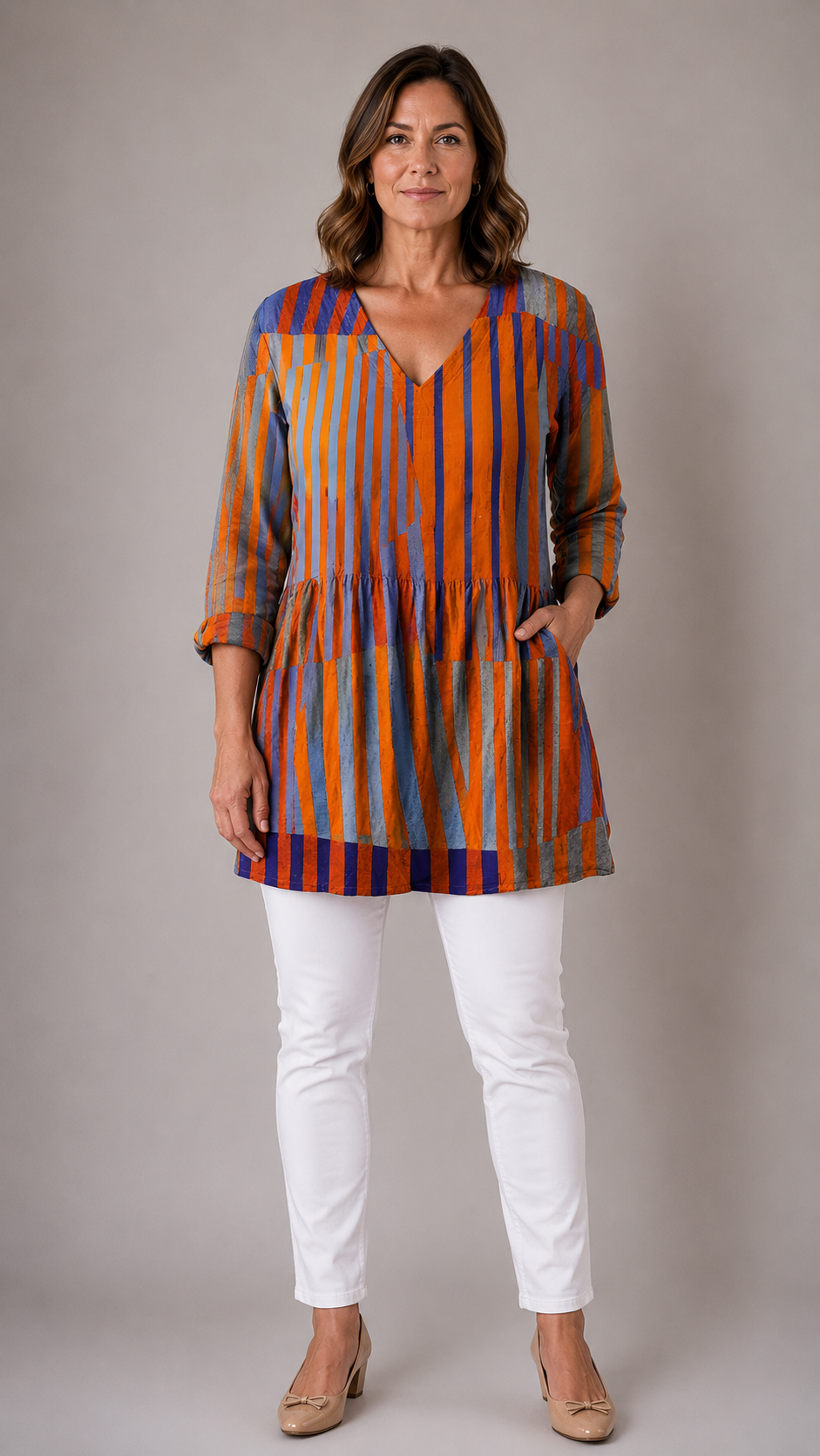 ORANGE LONG BLOUSE WITH V-NECK