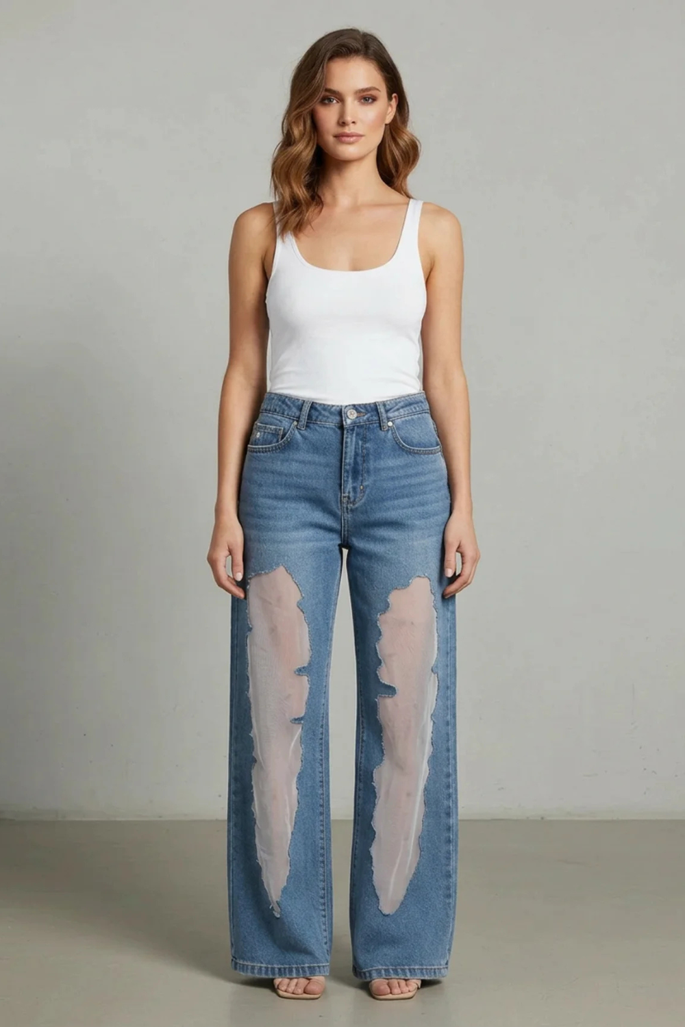 Lunetta – Vintage mesh patchwork – Wide-leg jeans