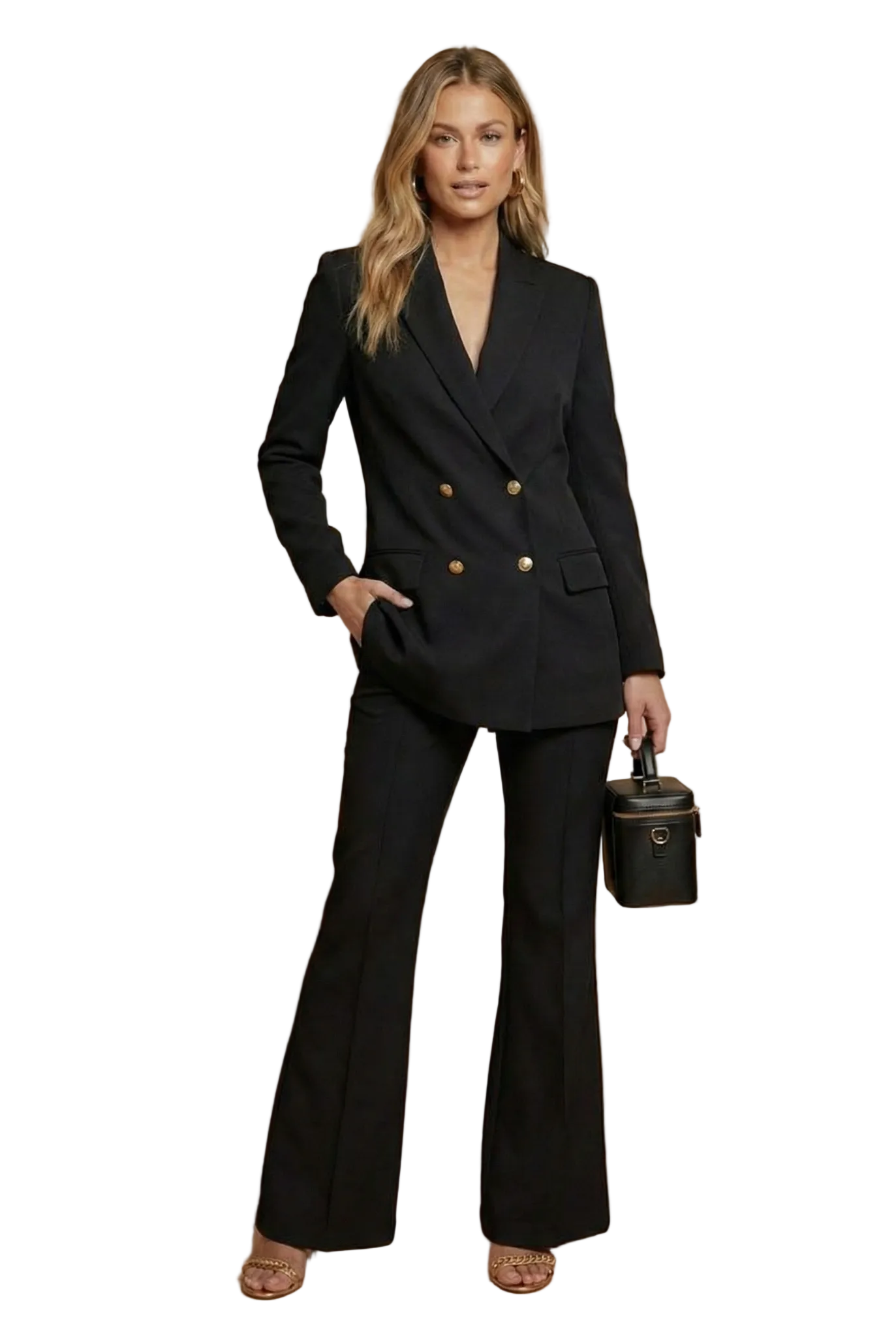 Tailleur donna strutturato – blazer incrociato, pantaloni svasati