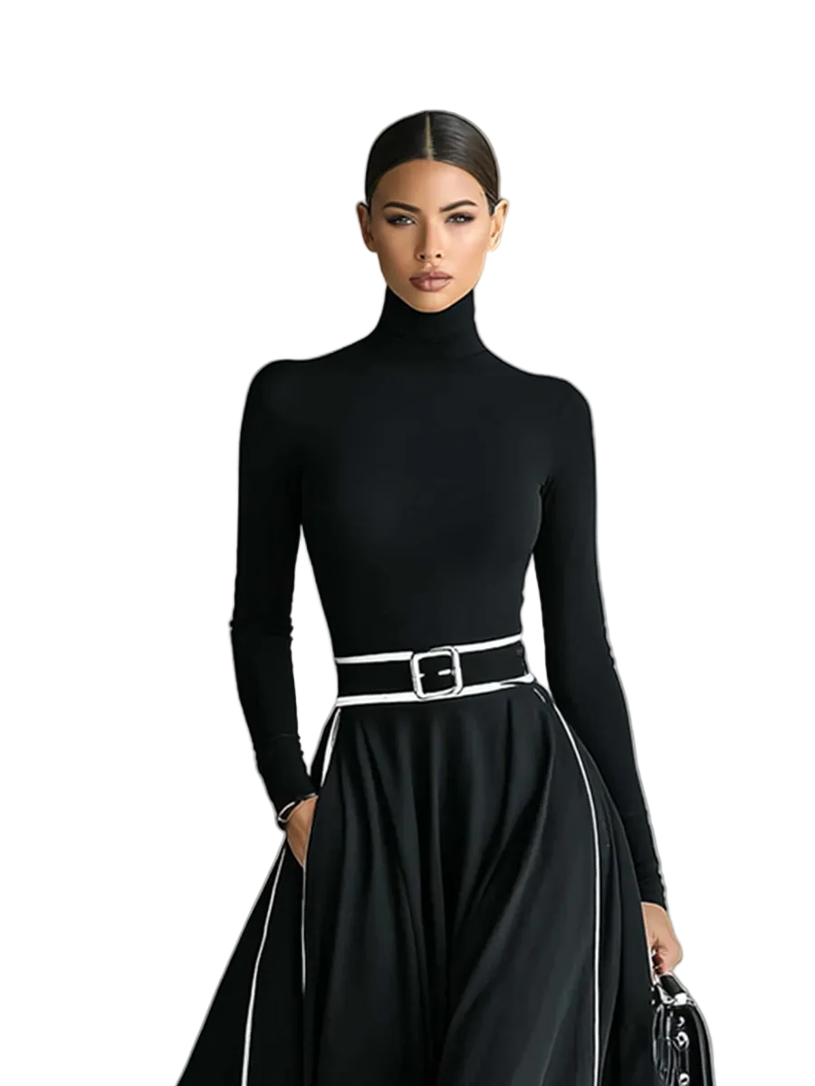 Women's Black Stitching White Trim High Collar Long Sleeve Tight Belt Maxi Dress MDA1031G0Y