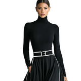Women's Black Stitching White Trim High Collar Long Sleeve Tight Belt Maxi Dress MDA1031G0Y