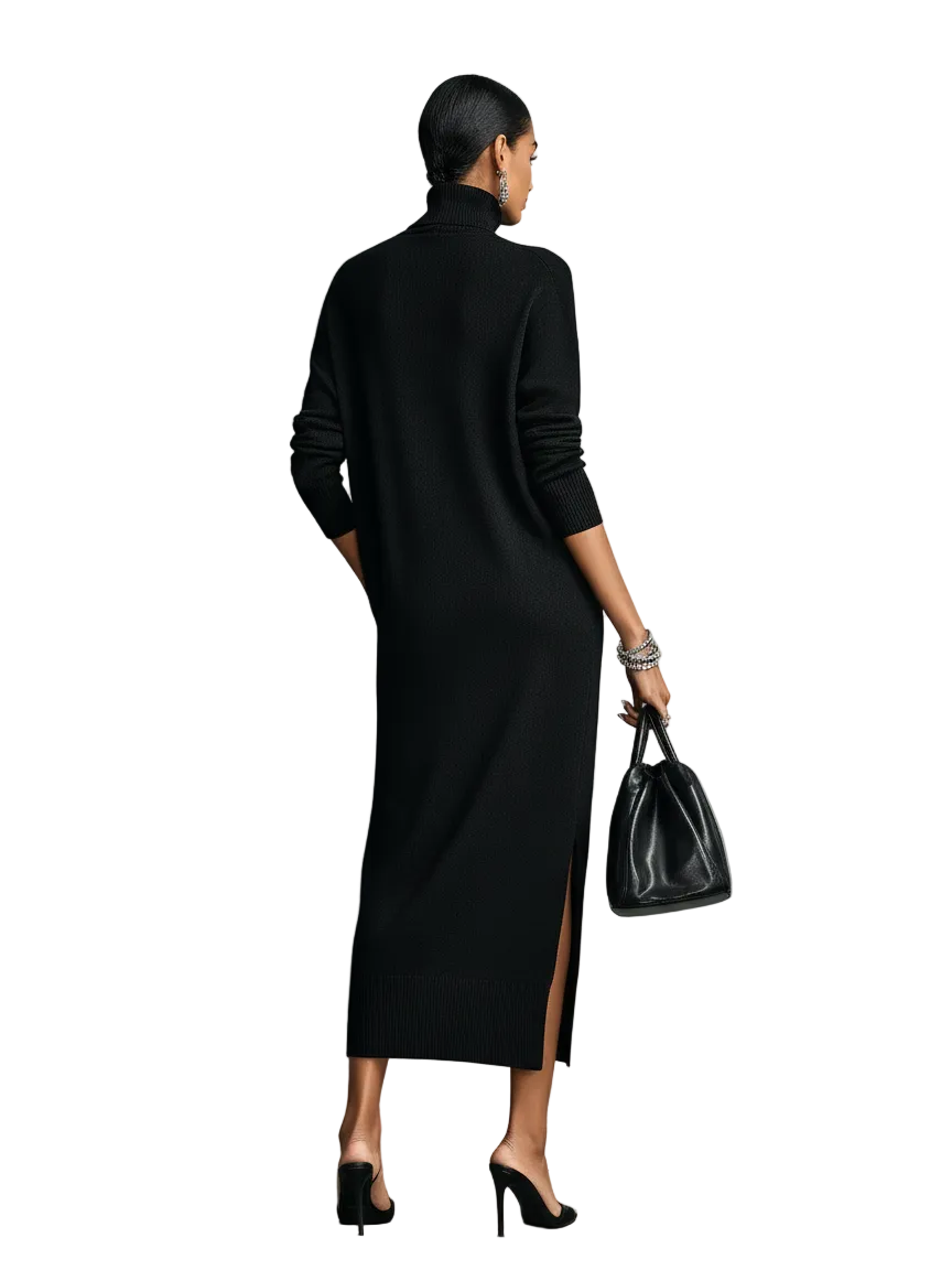 Women's Elegant Black Knitted Turtleneck Long-sleeved Loose-fitting  Midi Dress With No Pockets MDA1974L7AN