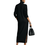 Women's Elegant Black Knitted Turtleneck Long-sleeved Loose-fitting  Midi Dress With No Pockets MDA1974L7AN