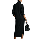Women's Elegant Black Knitted Turtleneck Long-sleeved Loose-fitting  Midi Dress With No Pockets MDA1974L7AN