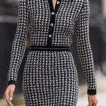 Houndstooth Knit Midi Dress With Contrast Collar