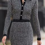 Houndstooth Knit Midi Dress With Contrast Collar