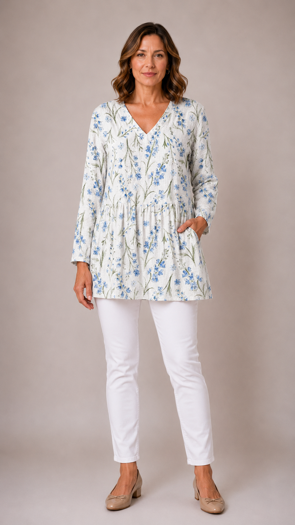 WHITE LONG BLOUSE WITH V-NECK