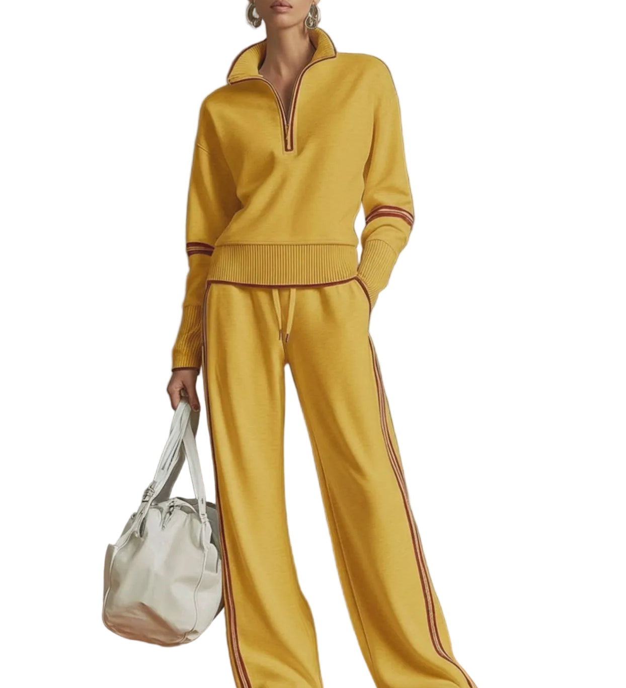 Retro Sporty Webbing Grey-white Half-zip Sweatshirt And Wide-leg Pants Set