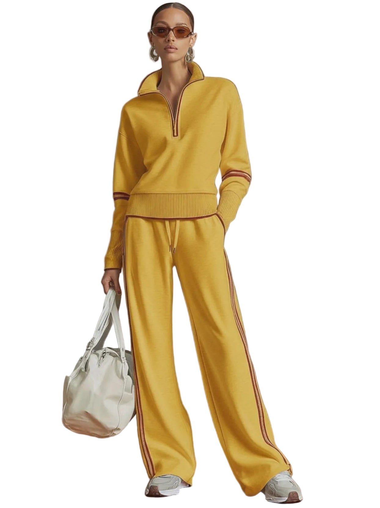 Retro Sporty Webbing Grey-white Half-zip Sweatshirt And Wide-leg Pants Set