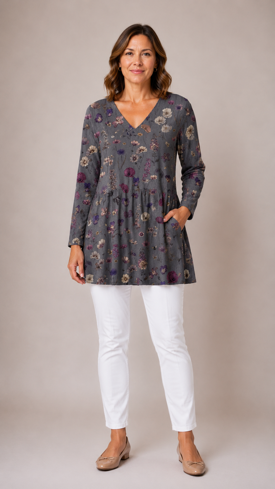 GREY LONG BLOUSE WITH V-NECK 2