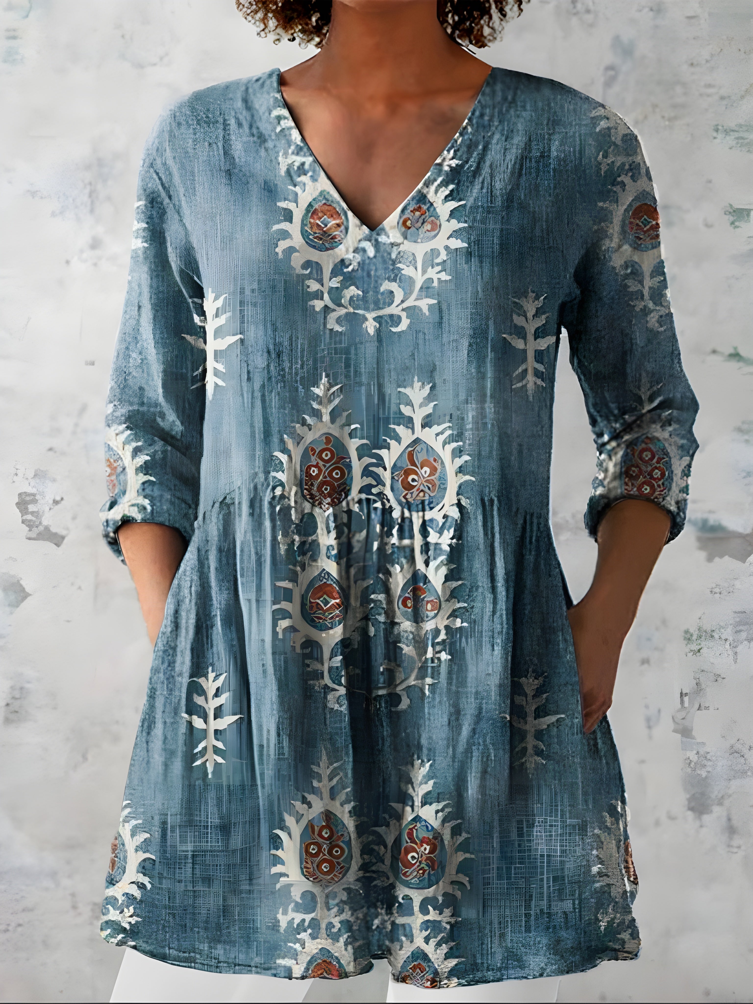GREEN LONG BLOUSE WITH V-NECK 1