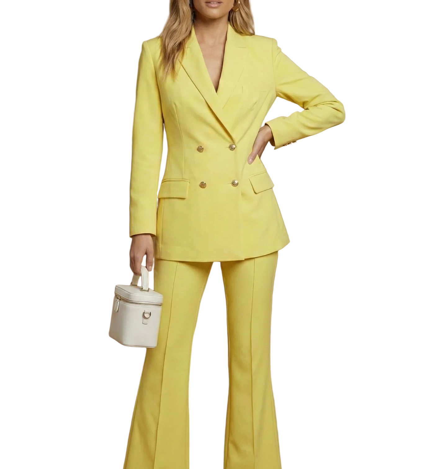 Tailleur donna strutturato – blazer incrociato, pantaloni svasati