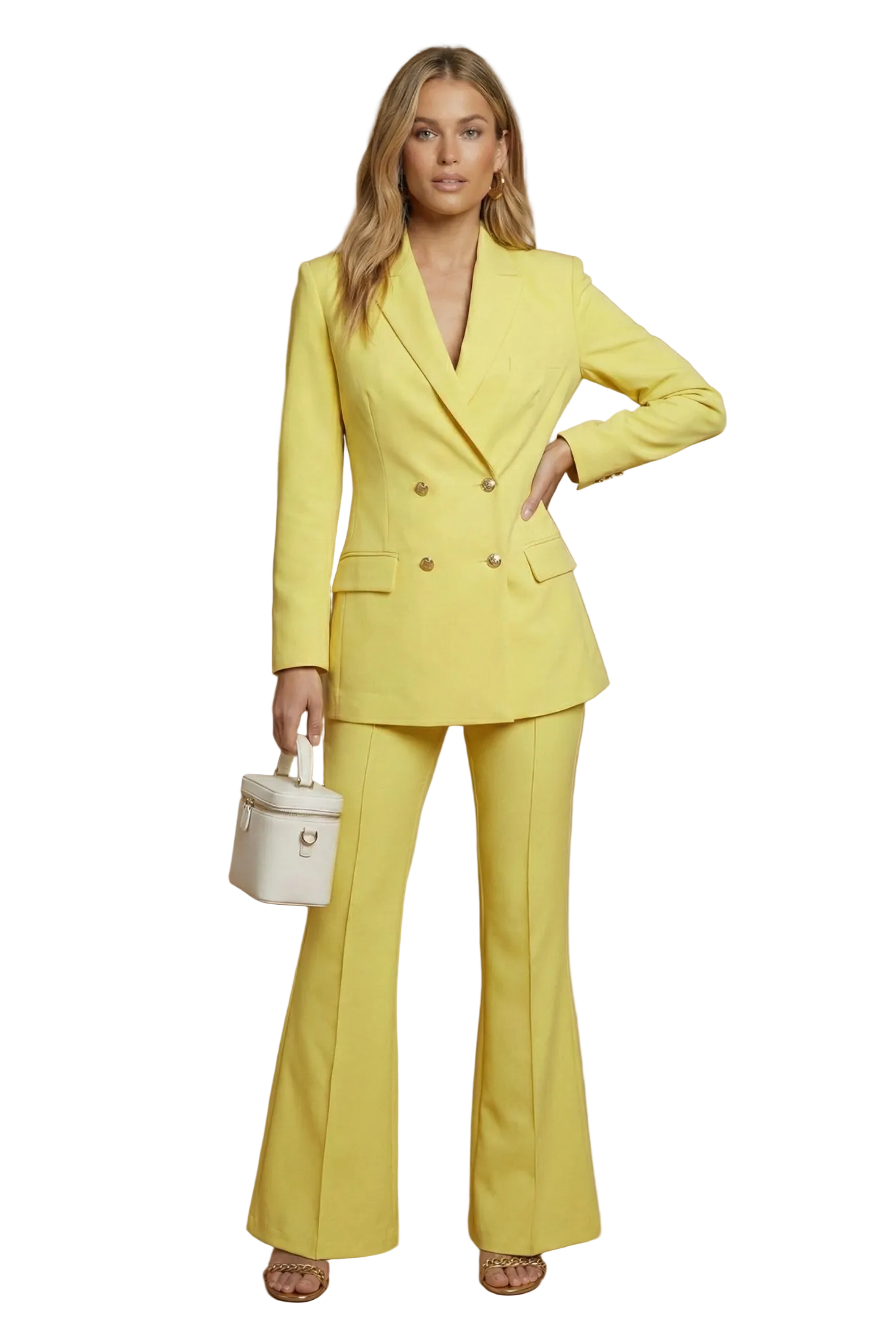 Tailleur donna strutturato – blazer incrociato, pantaloni svasati