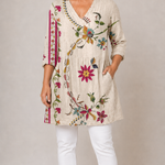 BEIGE LONG BLOUSE WITH V-NECK