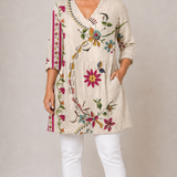 BEIGE LONG BLOUSE WITH V-NECK