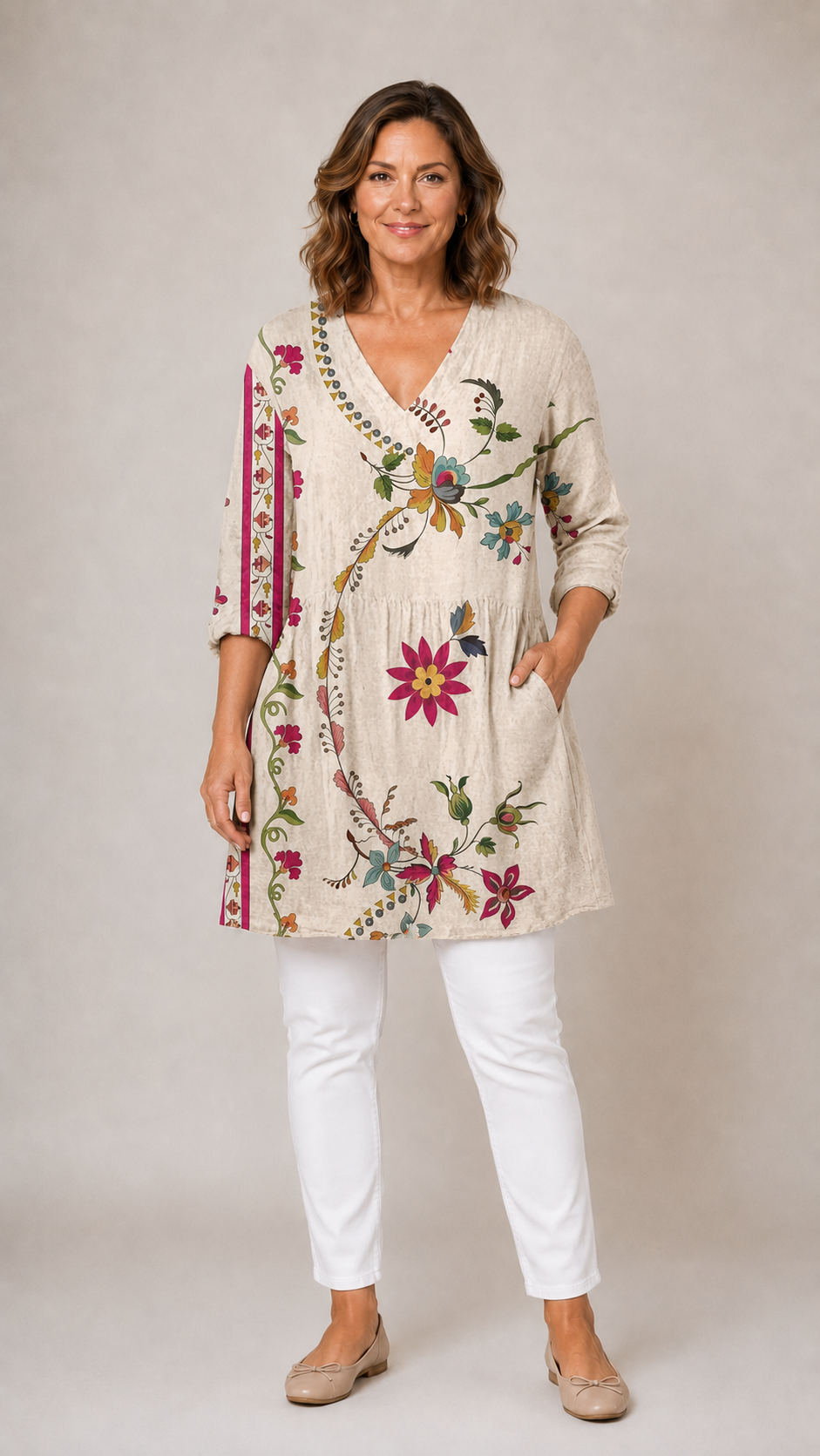 BEIGE LONG BLOUSE WITH V-NECK