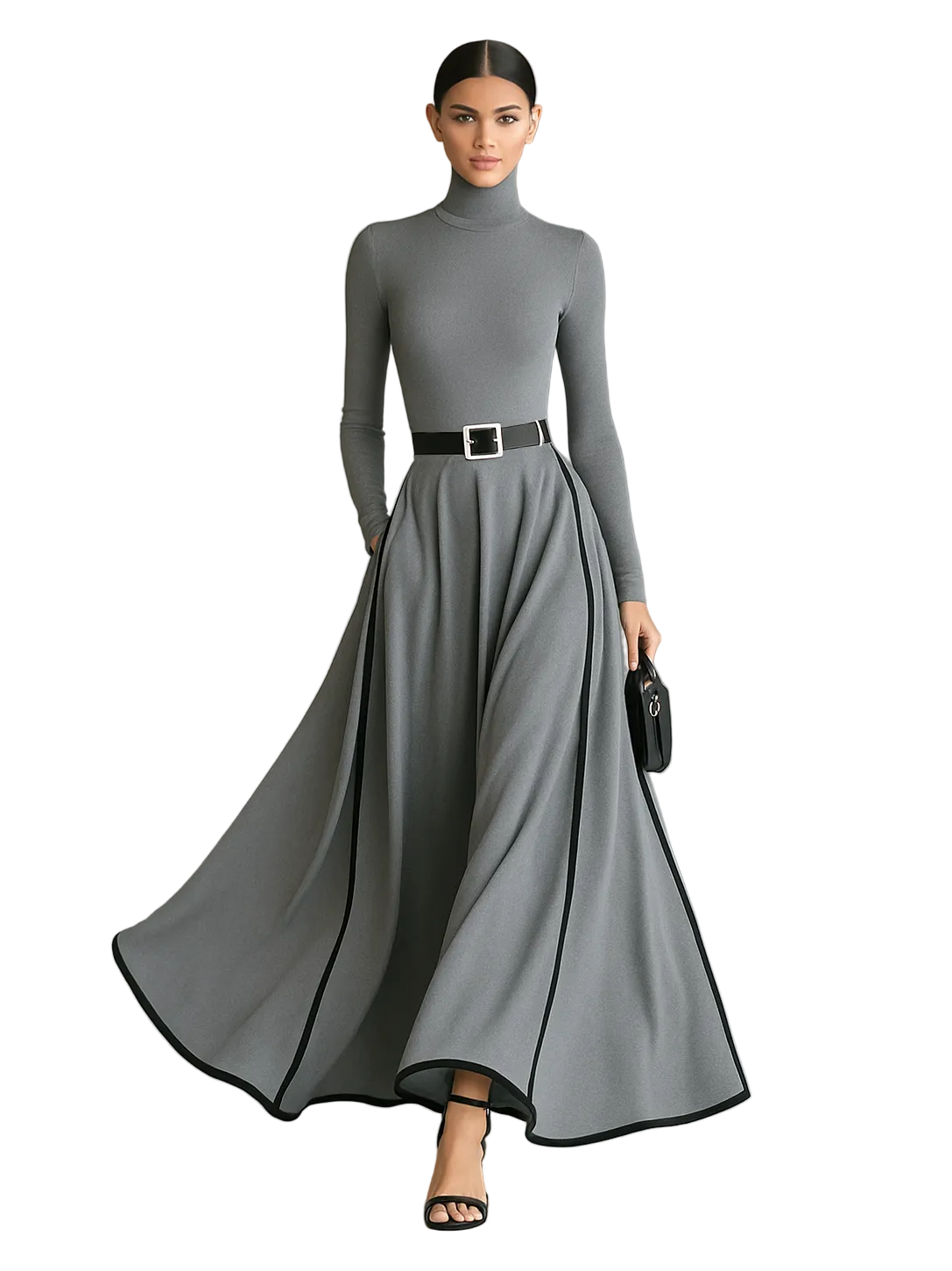 Women's Black Stitching White Trim High Collar Long Sleeve Tight Belt Maxi Dress MDA1031G0Y