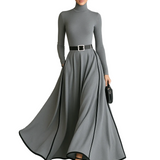 Women's Black Stitching White Trim High Collar Long Sleeve Tight Belt Maxi Dress MDA1031G0Y