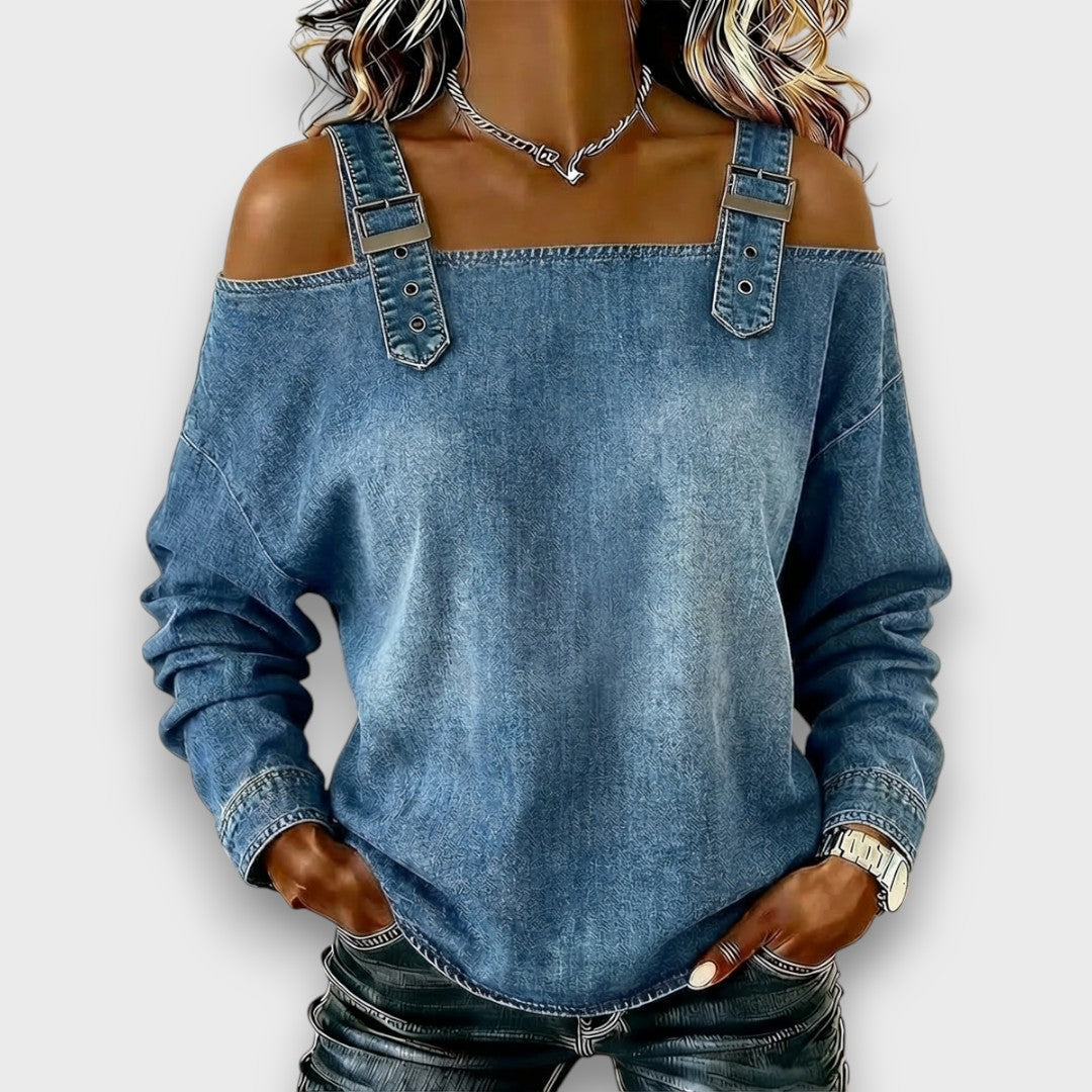 CASUAL BUCKLE STRAP DENIM TOP