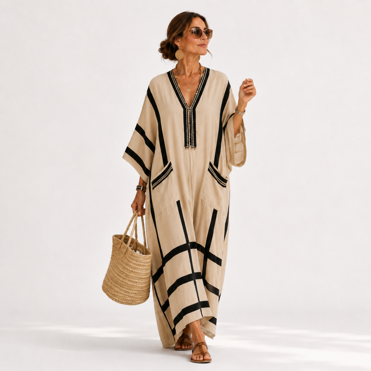BEIGE & BLACK STRIPE CAFTAN