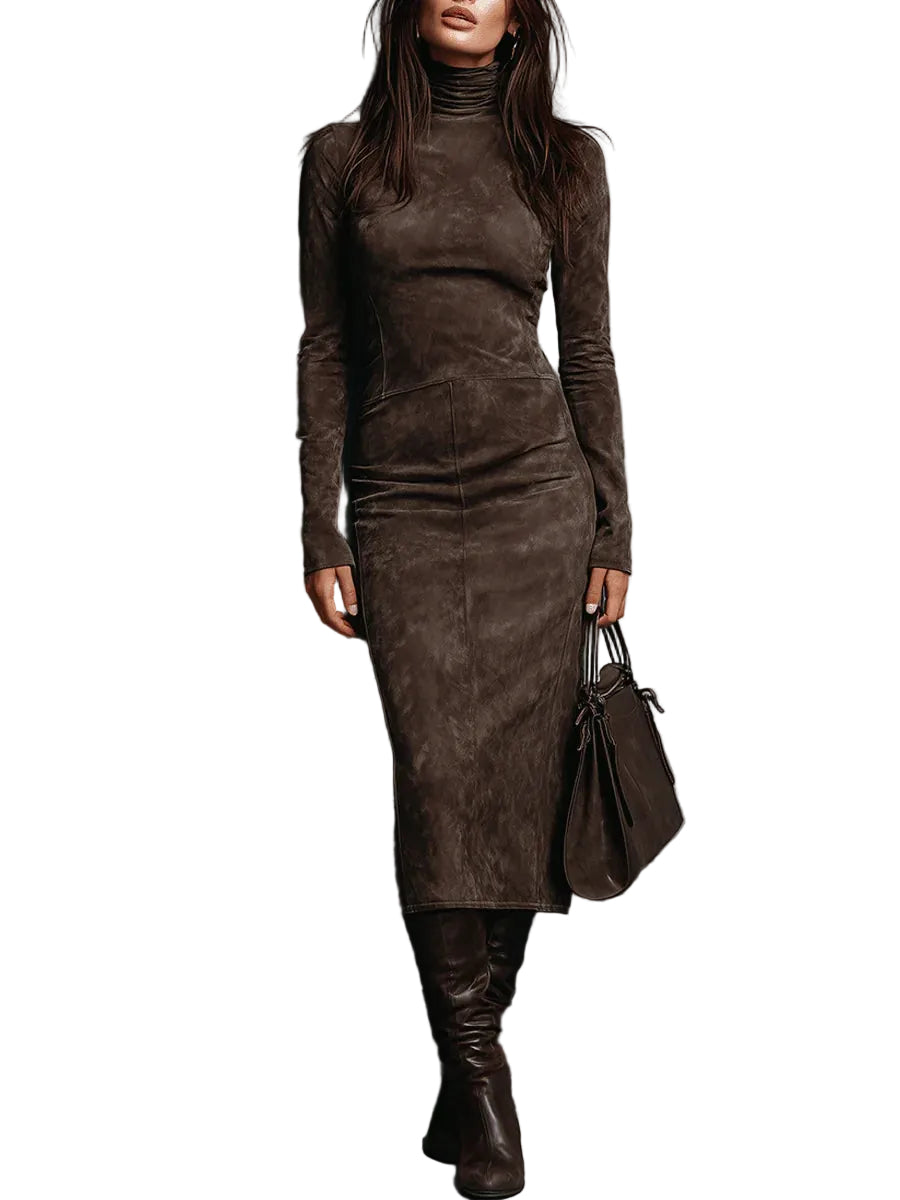 High Neck Long Sleeve Suede Midi Dress