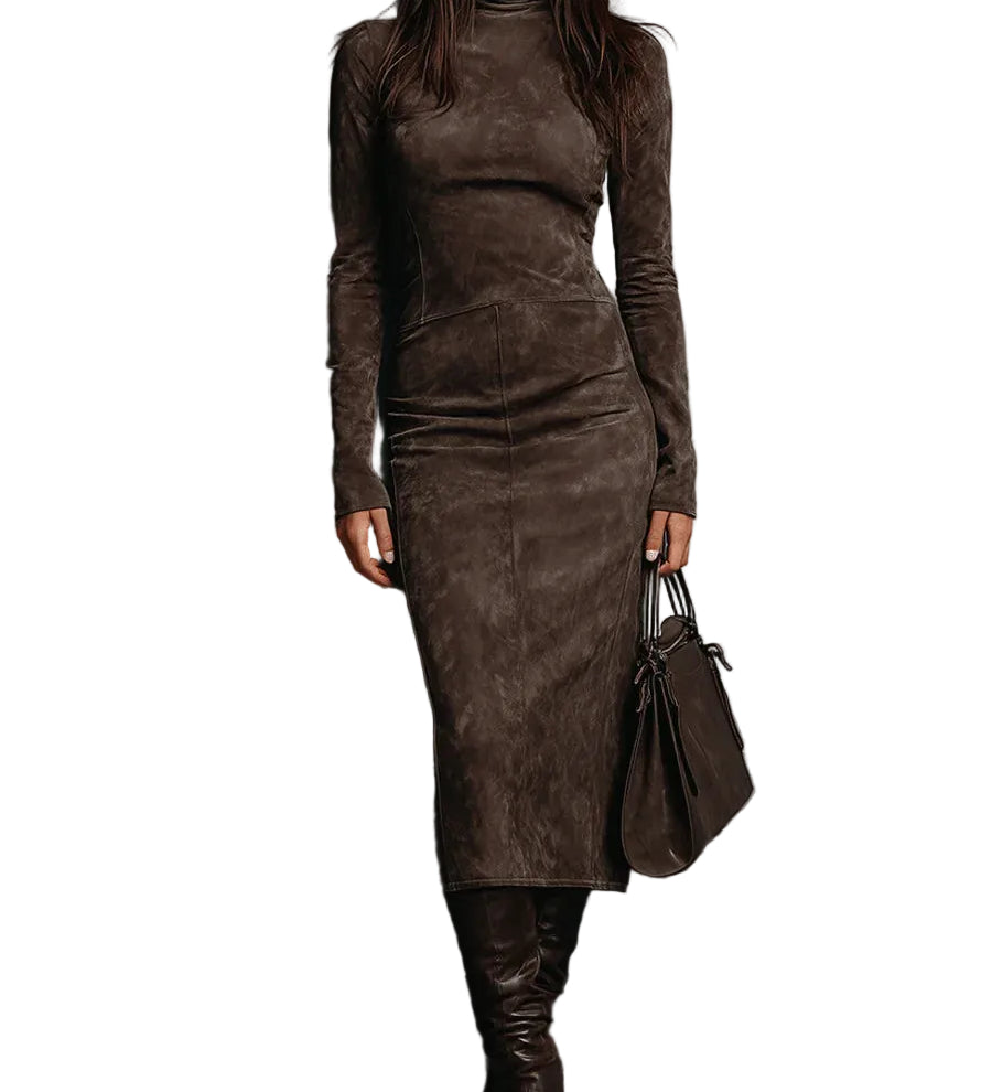 High Neck Long Sleeve Suede Midi Dress