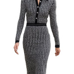 Houndstooth Knit Midi Dress – Contrast Collar