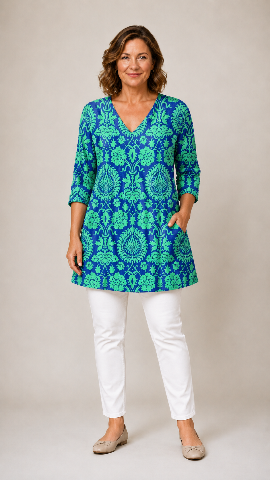 TEAL LONG BLOUSE WITH V-NECK