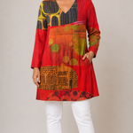 RED LONG BLOUSE WITH V-NECK