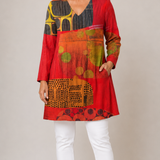 RED LONG BLOUSE WITH V-NECK