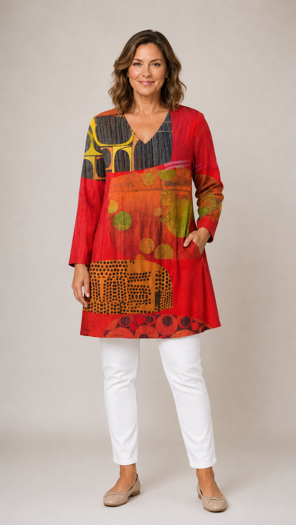 RED LONG BLOUSE WITH V-NECK
