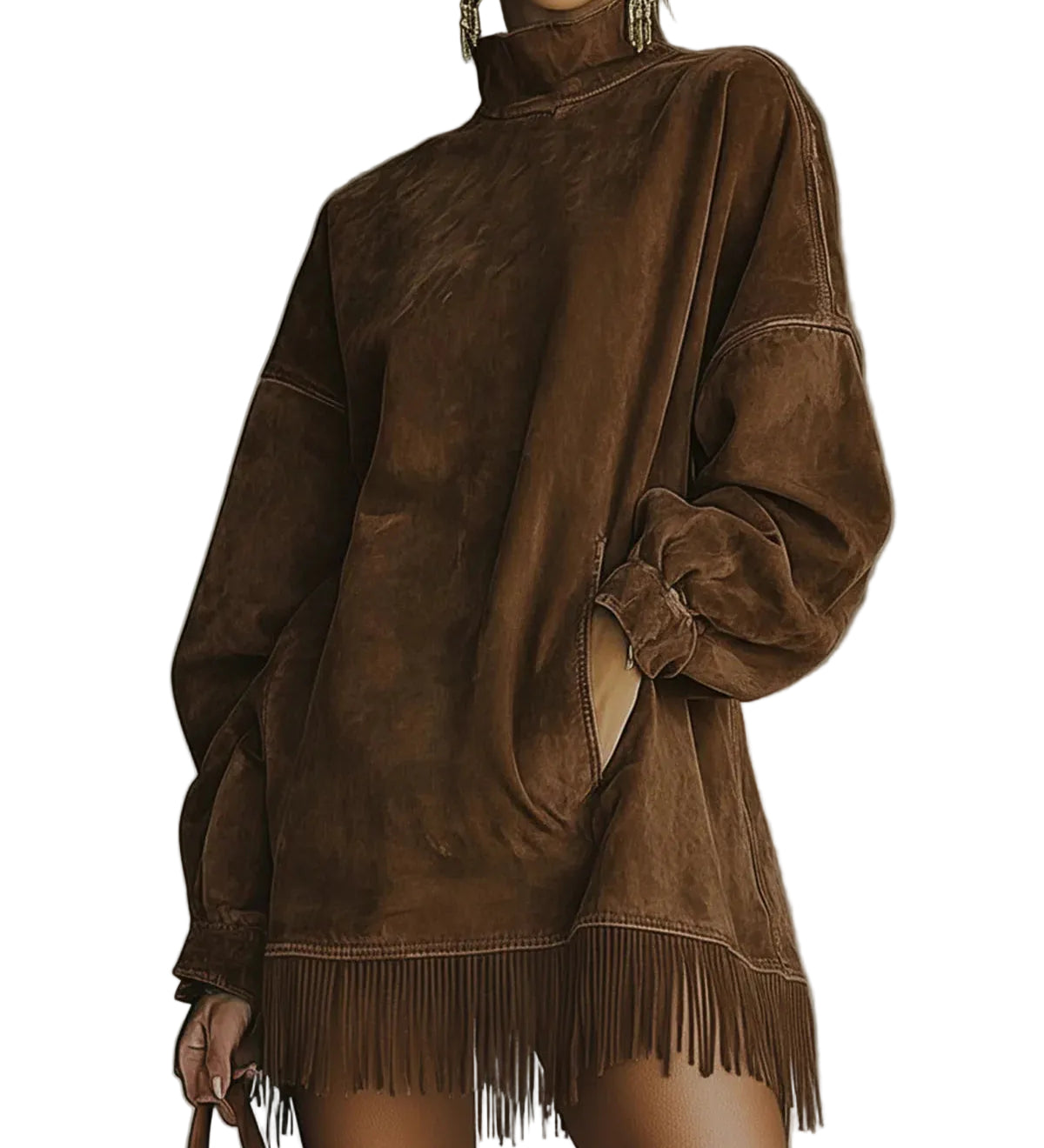 Faux Suede Turtleneck Dress With Fringe Hem