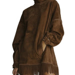 Faux Suede Turtleneck Dress With Fringe Hem