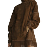Faux Suede Turtleneck Dress With Fringe Hem