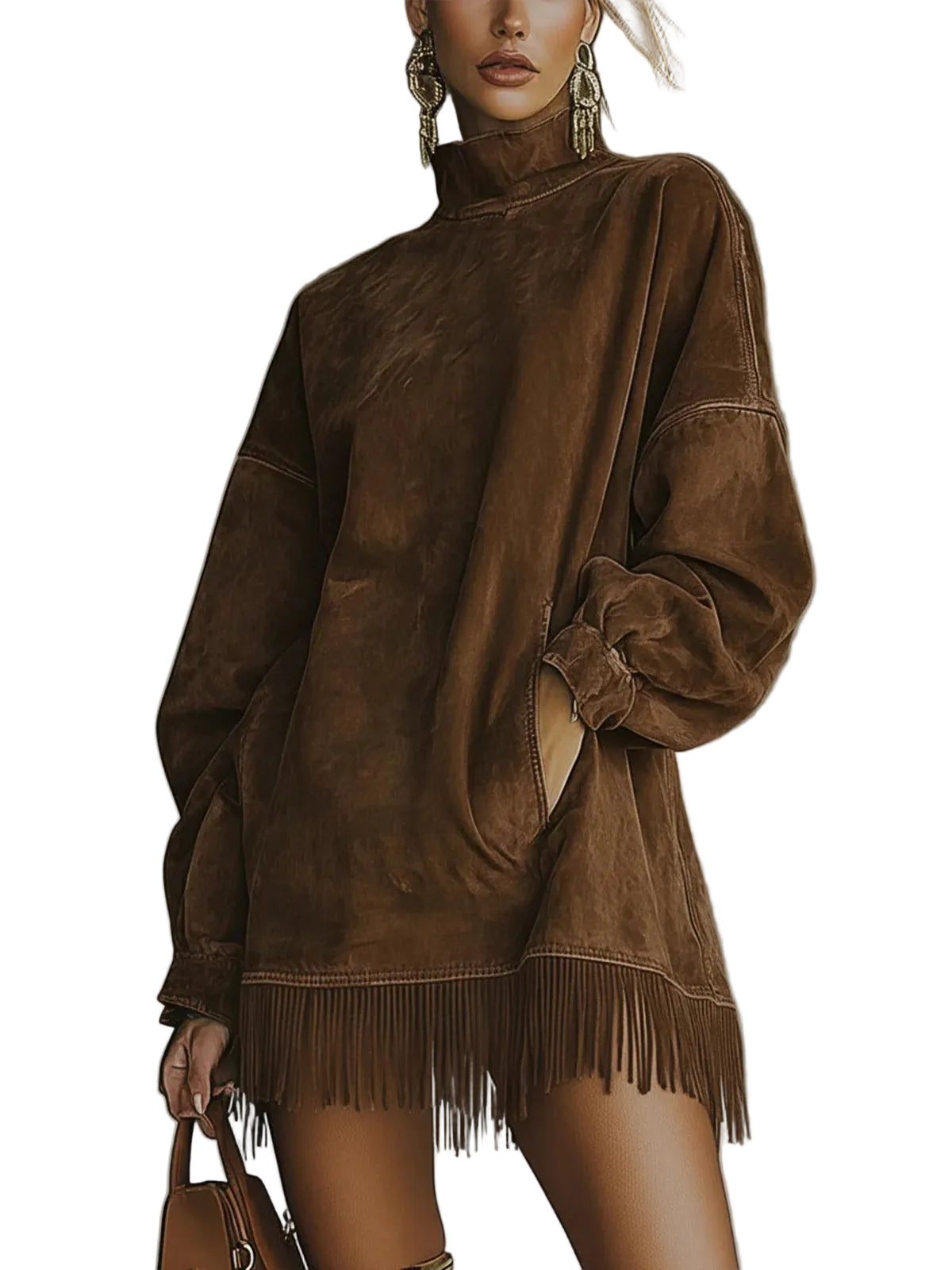 Faux Suede Turtleneck Dress With Fringe Hem