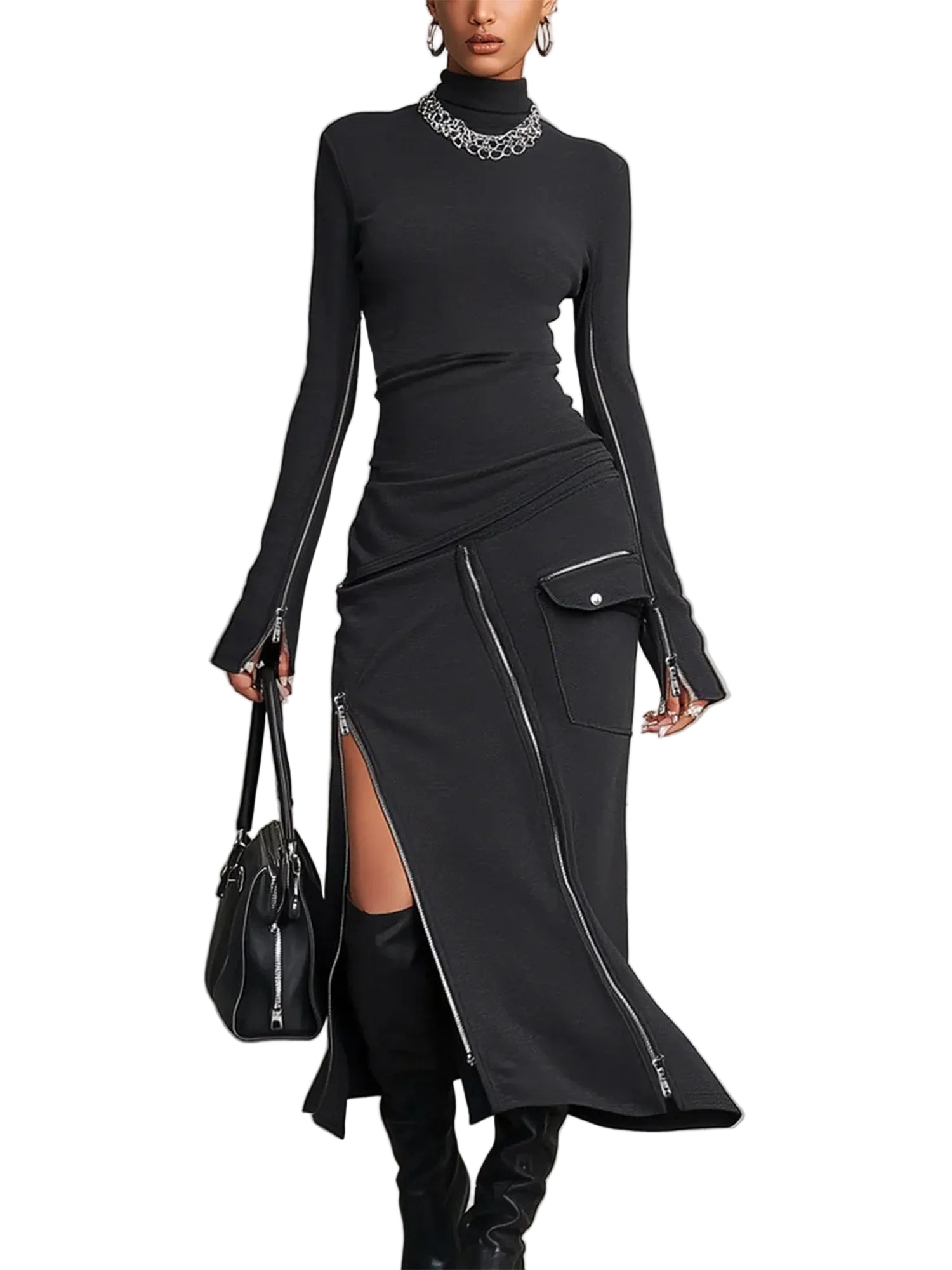 High-neck irregular zipper pocket set