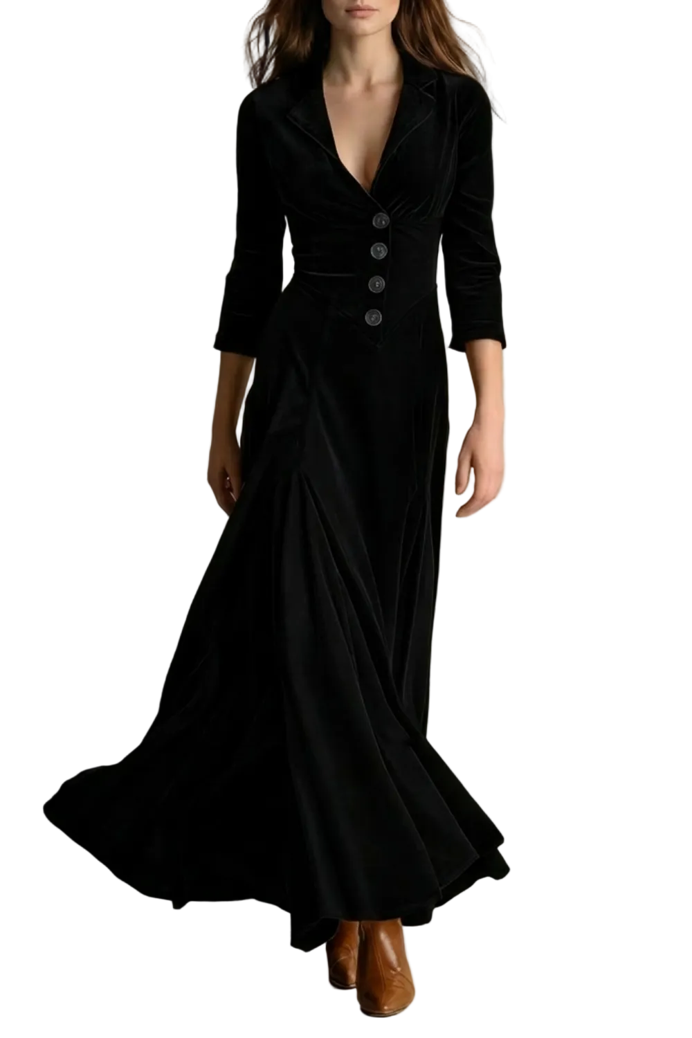Celeste – Vintage Velvet Long Dress – Elegant Buttoned Swing Skirt with Lapel Detail